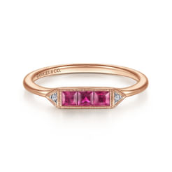 Promise Ring - 14K Rose Gold Diamond and Trio Princess Cut Ruby Stackable Ring