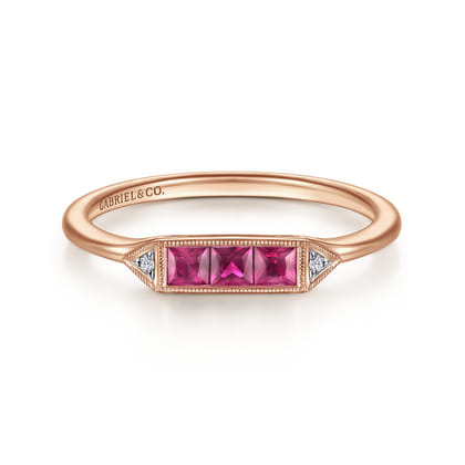 Promise Ring - 14K Rose Gold Diamond and Trio Princess Cut Ruby Stackable Ring