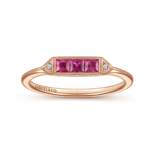 Promise Ring - 14K Rose Gold Diamond and Trio Princess Cut Ruby Stackable Ring
