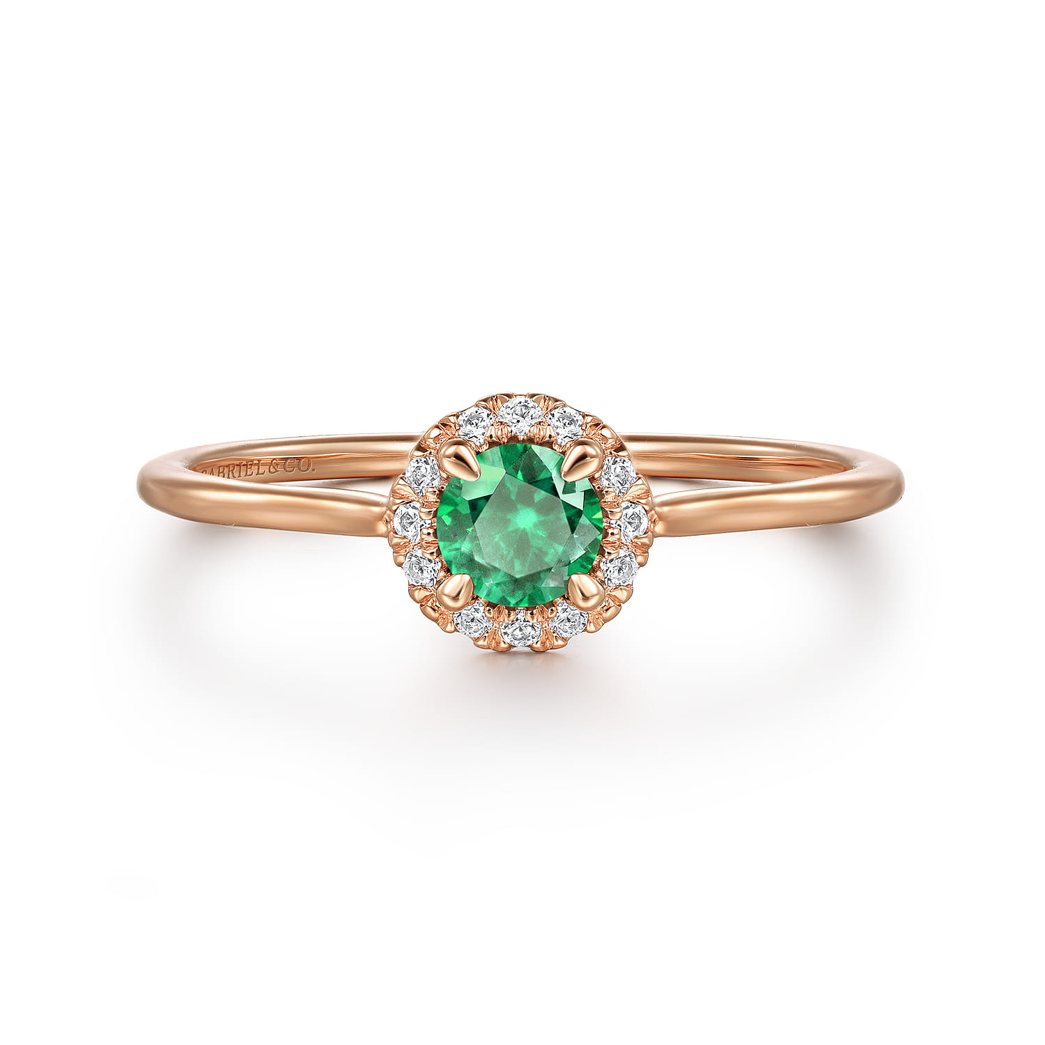 Promise Ring - 14K Rose Gold Emerald and Diamond Halo Promise Ring