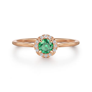 Promise Ring - 14K Rose Gold Emerald and Diamond Halo Promise Ring