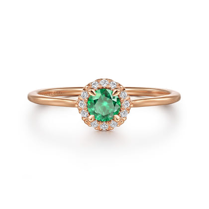 Promise Ring - 14K Rose Gold Emerald and Diamond Halo Promise Ring