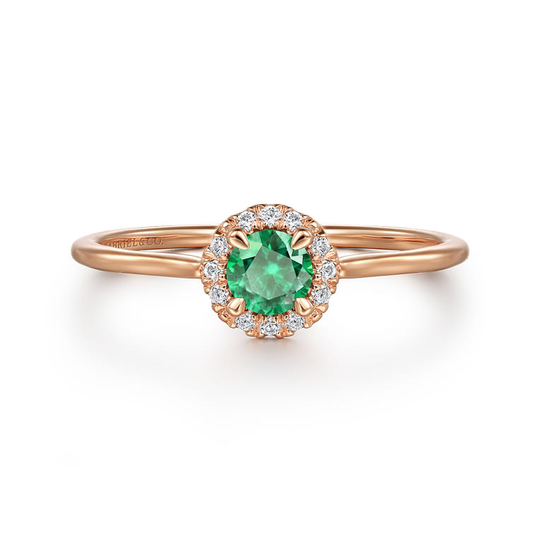 Promise Ring - 14K Rose Gold Emerald and Diamond Halo Promise Ring - Shot 1
