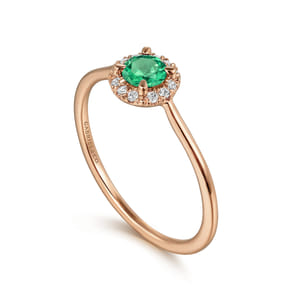 Promise Ring - 14K Rose Gold Emerald and Diamond Halo Promise Ring