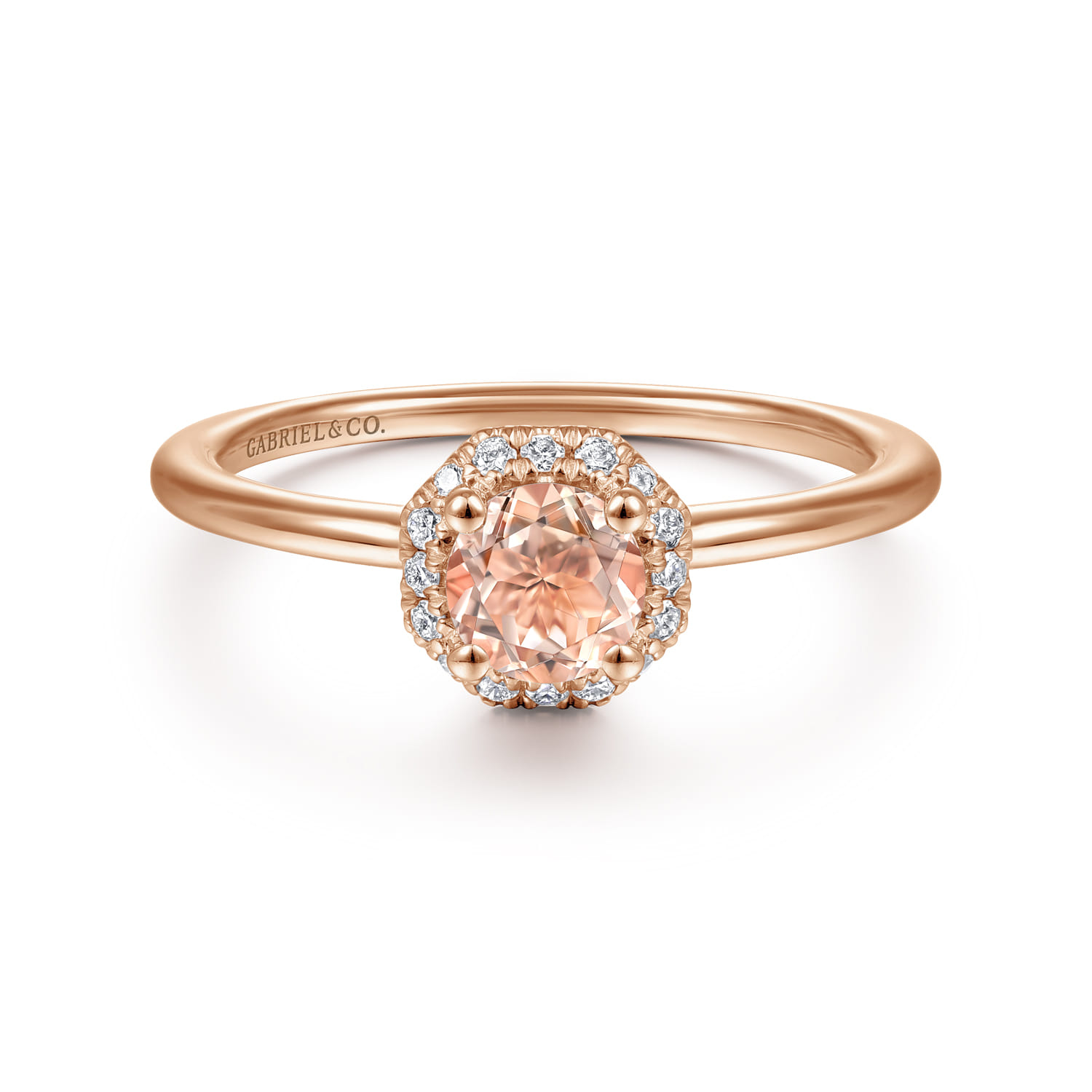 Promise Ring - 14K Rose Gold Octagonal Diamond Halo Round Morganite Promise Ring - 0.09 ct - Shot 1