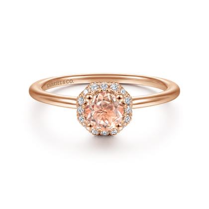 Promise Ring - 14K Rose Gold Octagonal Diamond Halo Round Morganite Ring
