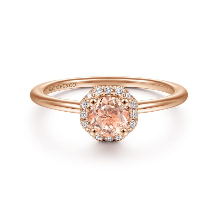 Promise Ring - 14K Rose Gold Octagonal Diamond Halo Round Morganite Ring - 0.09 ct - Shot 1