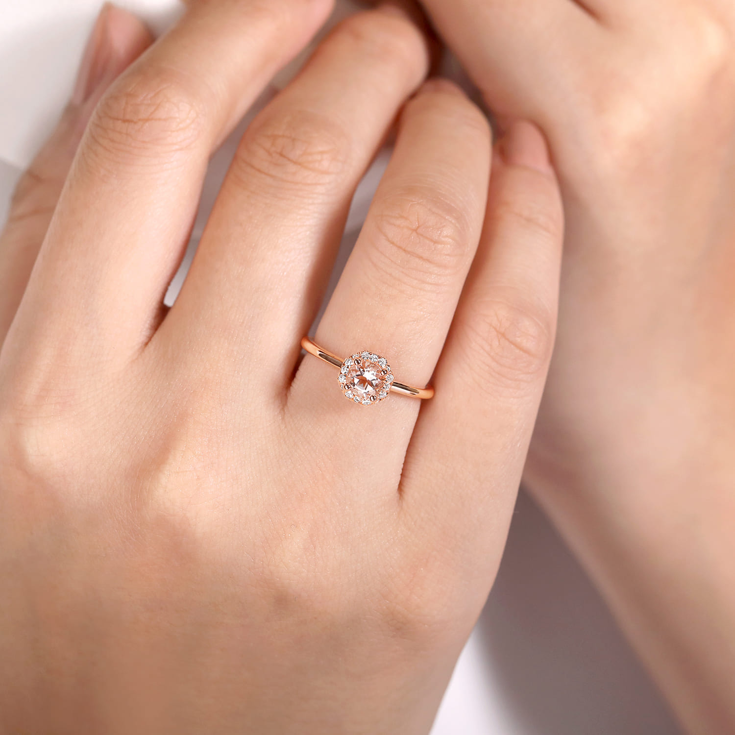 Promise Ring - 14K Rose Gold Octagonal Diamond Halo Round Morganite Ring