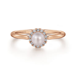 Promise Ring - 14K Rose Gold Pearl Promise Ring with Diamond Halo