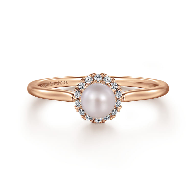 Promise Ring - 14K Rose Gold Pearl Promise Ring with Diamond Halo - Shot 1