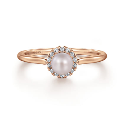 Promise Ring - 14K Rose Gold Pearl Ring with Diamond Halo