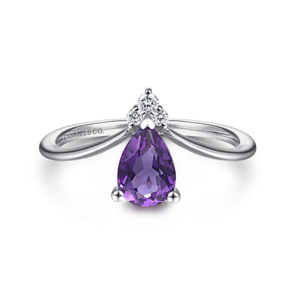 Promise Ring - 14K White Gold Amethyst Diamond Chevron Promise Ring