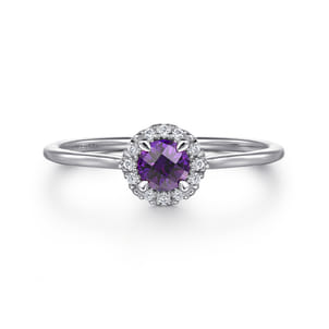 Promise Ring - 14K White Gold Amethyst and Diamond Halo Ring