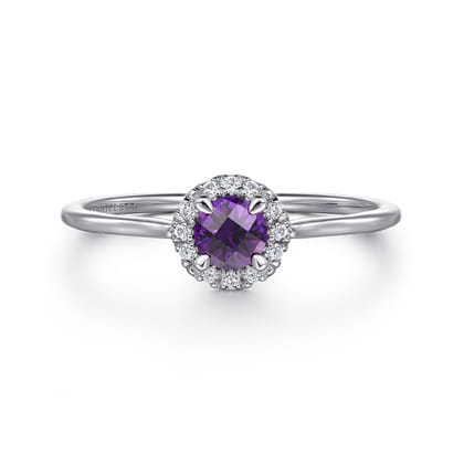 Promise Ring - 14K White Gold Amethyst and Diamond Halo Ring