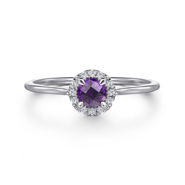 Promise Ring - 14K White Gold Amethyst and Diamond Halo Ring - 0.06 ct - Shot 1