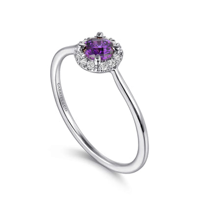 Promise Ring - 14K White Gold Amethyst and Diamond Halo Ring