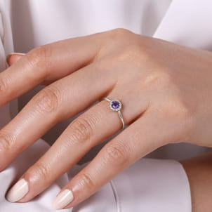 Promise Ring - 14K White Gold Amethyst and Diamond Halo Ring