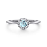 Promise Ring - 14K White Gold Aquamarine and Diamond Halo Ring