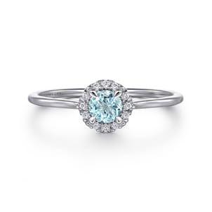 Promise Ring - 14K White Gold Aquamarine and Diamond Halo Ring