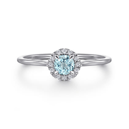 Promise Ring - 14K White Gold Aquamarine and Diamond Halo Ring