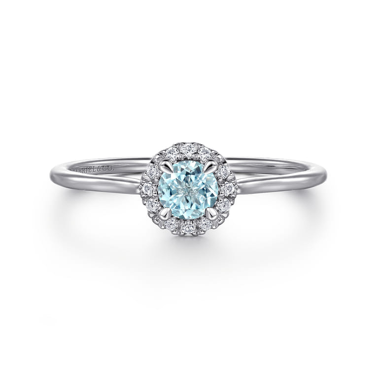 Promise Ring - 14K White Gold Aquamarine and Diamond Halo Ring - 0.06 ct - Shot 1