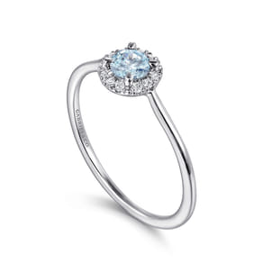 Promise Ring - 14K White Gold Aquamarine and Diamond Halo Ring
