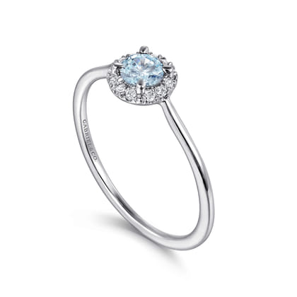 Promise Ring - 14K White Gold Aquamarine and Diamond Halo Ring