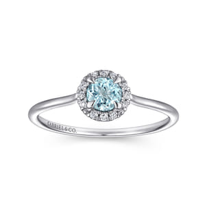 Promise Ring - 14K White Gold Aquamarine and Diamond Halo Ring
