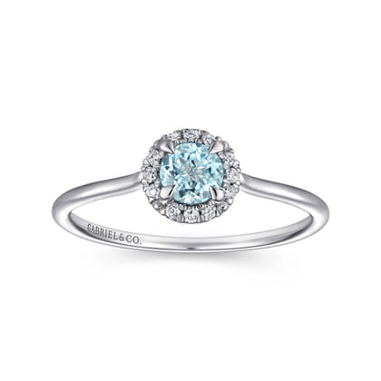 Promise Ring - 14K White Gold Aquamarine and Diamond Halo Ring