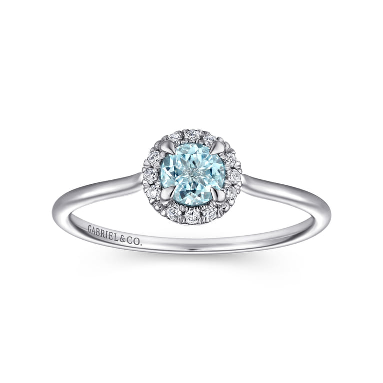 Promise Ring - 14K White Gold Aquamarine and Diamond Halo Ring - 0.06 ct - Shot 4