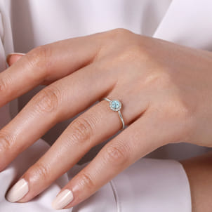 Promise Ring - 14K White Gold Aquamarine and Diamond Halo Ring