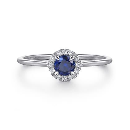 Promise Ring - 14K White Gold Blue Sapphire and Diamond Halo Promise Ring