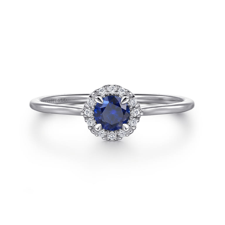 Promise Ring - 14K White Gold Blue Sapphire and Diamond Halo Promise Ring - 0.06 ct - Shot 1