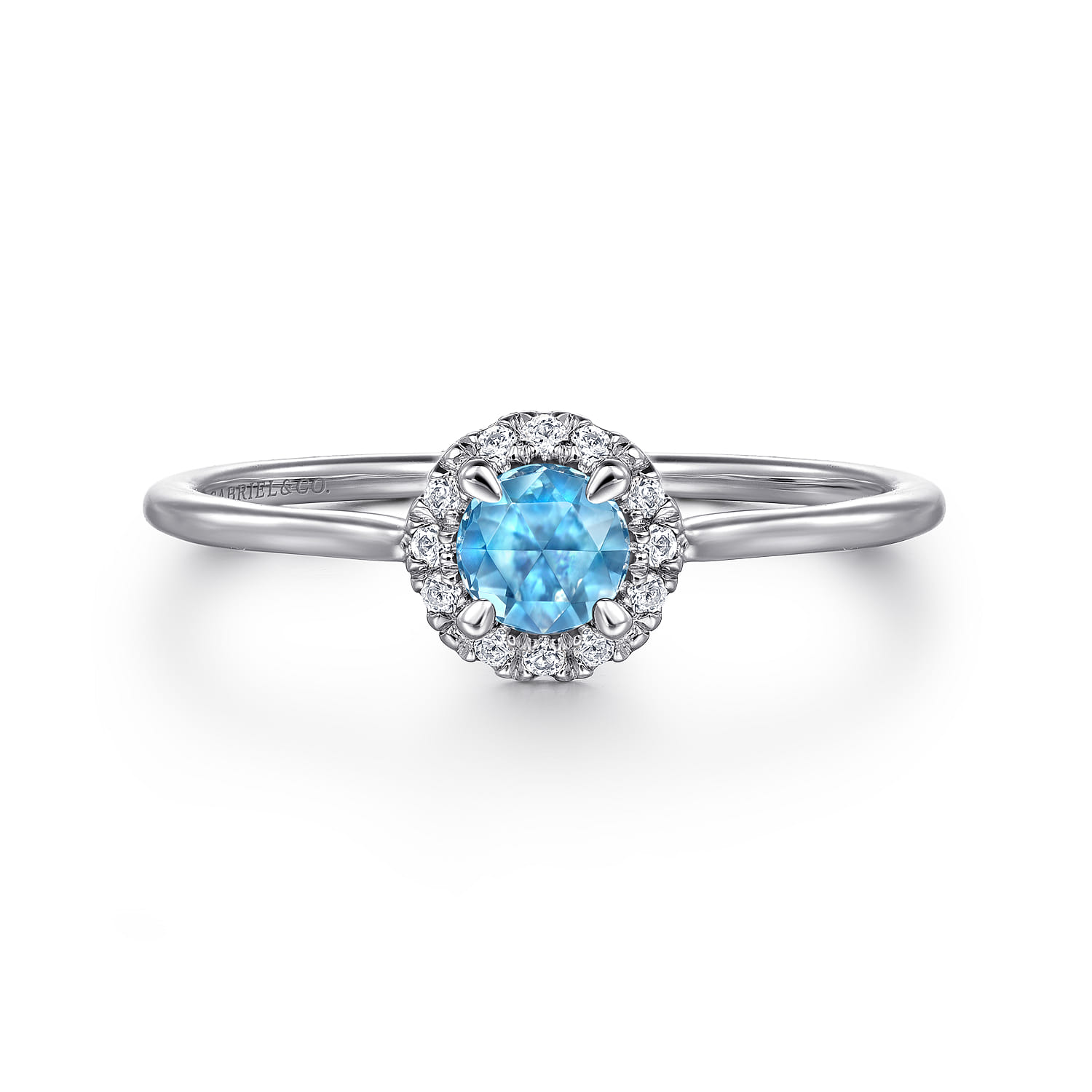 Promise Ring - 14K White Gold Blue Topaz and Diamond Halo Promise Ring - 0.06 ct - Shot 1