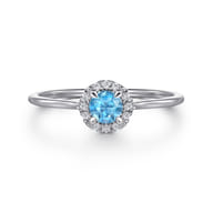 Promise Ring - 14K White Gold Blue Topaz and Diamond Halo Promise Ring