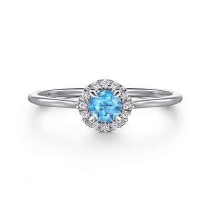 Promise Ring - 14K White Gold Blue Topaz and Diamond Halo Promise Ring