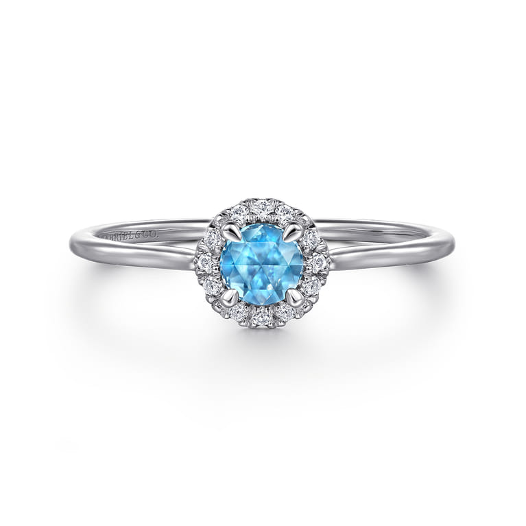 Promise Ring - 14K White Gold Blue Topaz and Diamond Halo Promise Ring - 0.06 ct - Shot 1