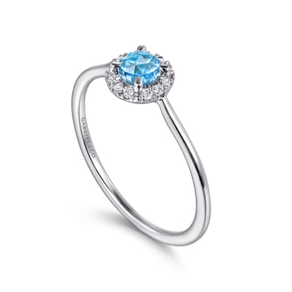 Promise Ring - 14K White Gold Blue Topaz and Diamond Halo Promise Ring