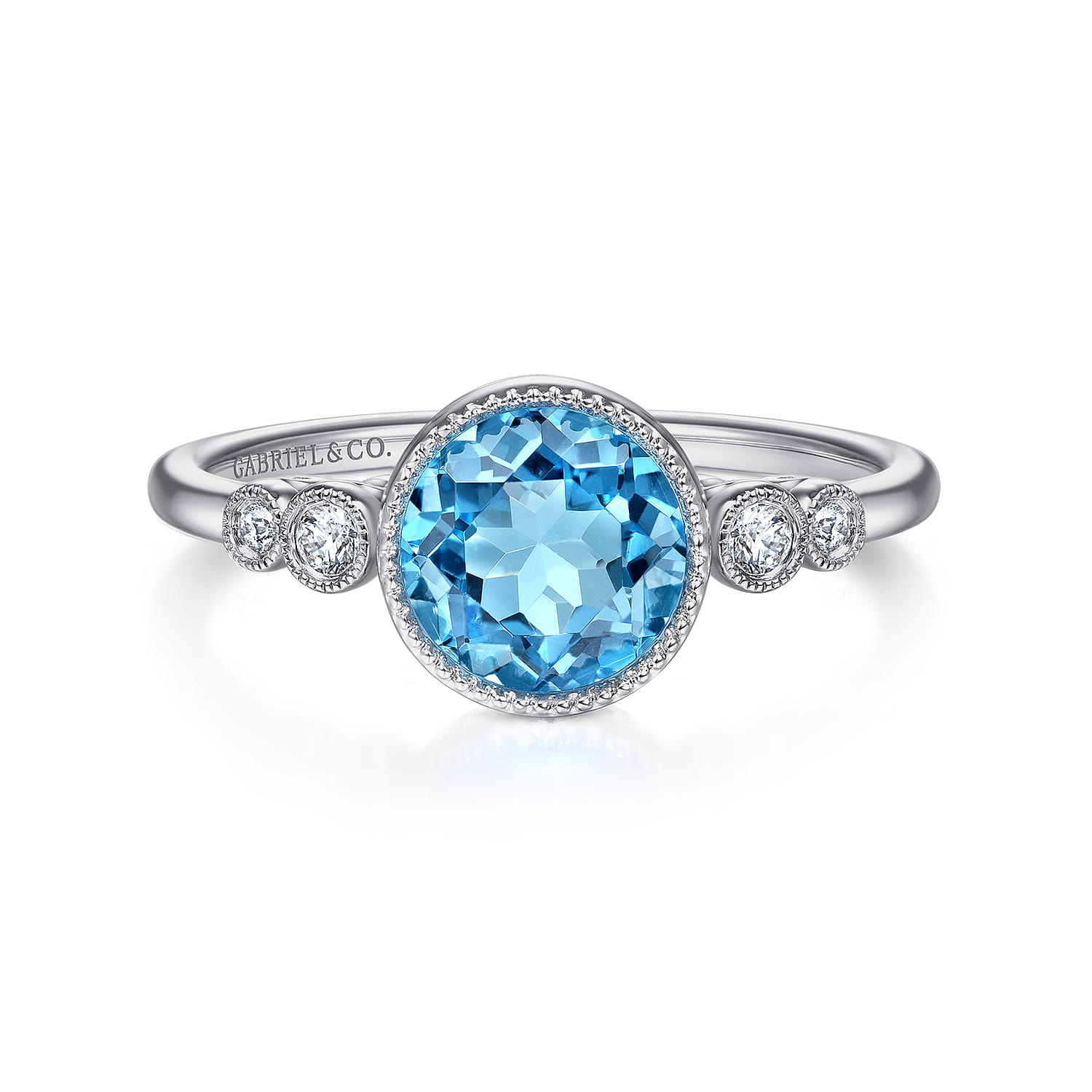 Promise Ring - 14K White Gold Blue Topaz and Diamond Promise Ring - 0.06 ct - Shot 1