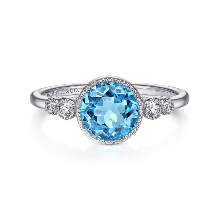 Promise Ring - 14K White Gold Blue Topaz and Diamond Ring - 0.06 ct - Shot 1