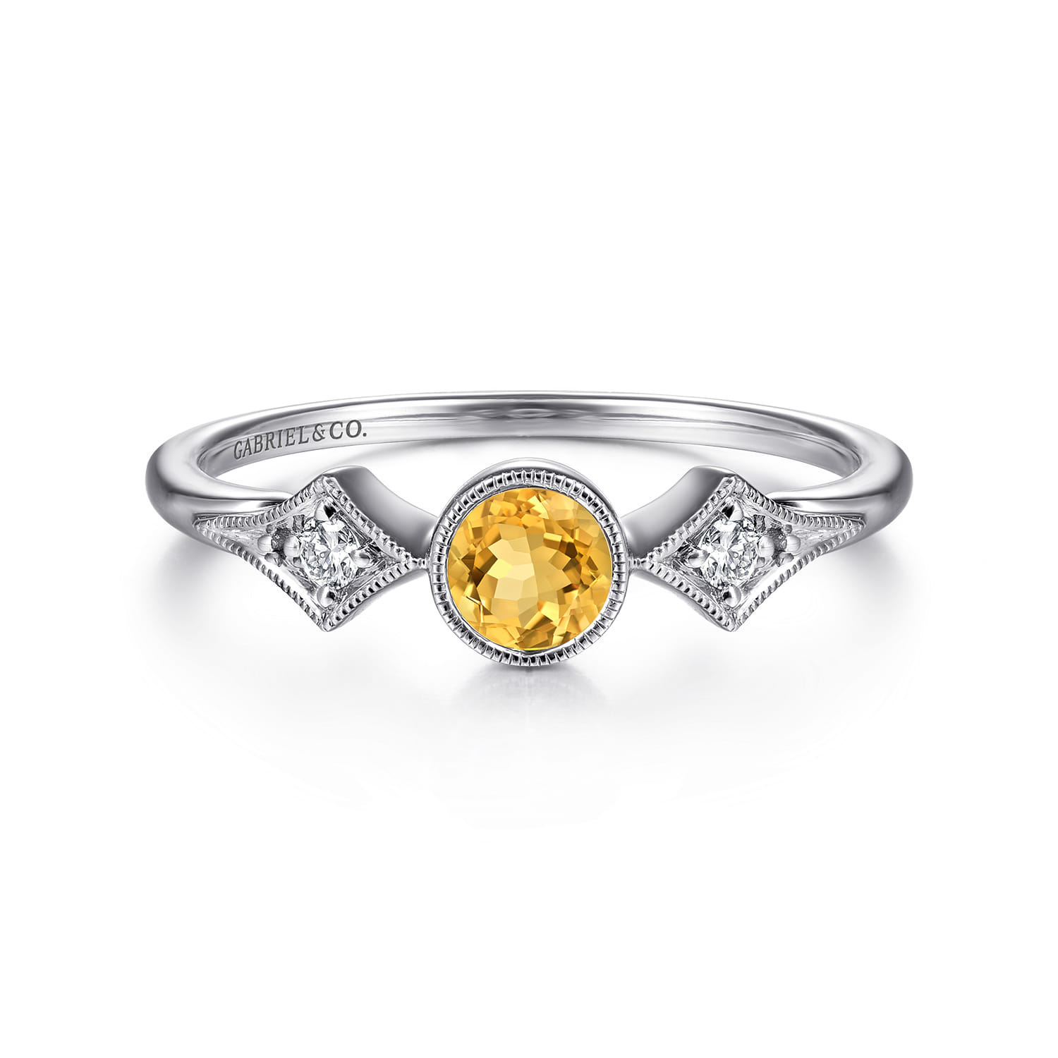 Promise Ring - 14K White Gold Citrine and Diamond Promise Ring - 0.05 ct - Shot 1