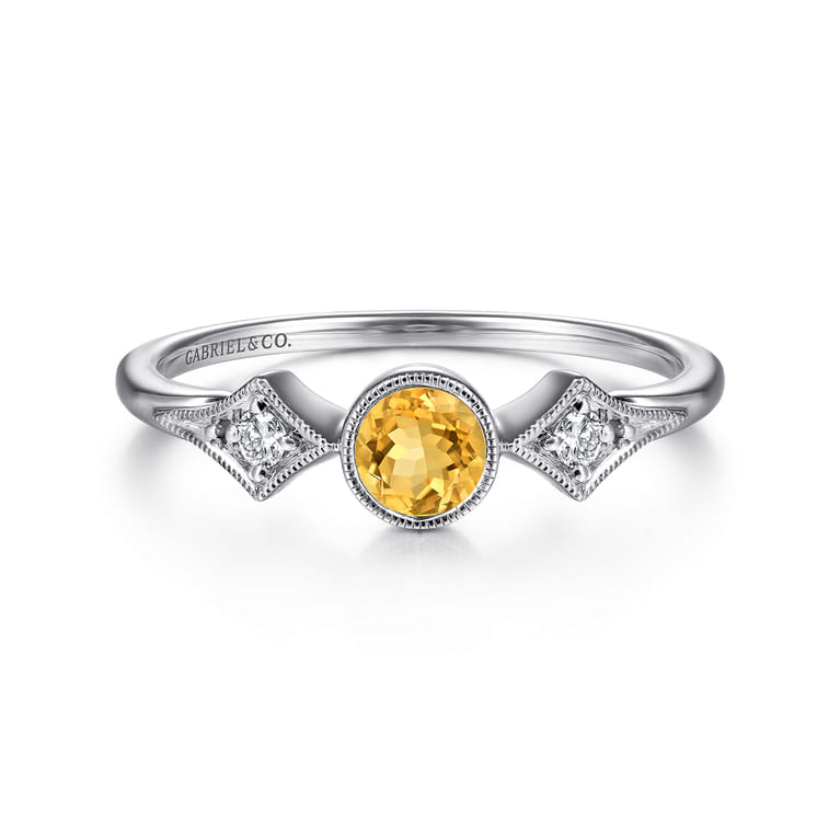 Promise Ring - 14K White Gold Citrine and Diamond Promise Ring - 0.05 ct - Shot 1