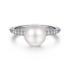 Promise Ring - 14K White Gold Classic Cultured Pearl and Graduate Diamond Promise Ring