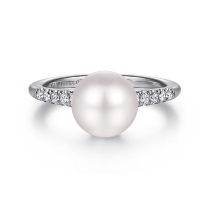 Promise Ring - 14K White Gold Classic Cultured Pearl and Graduate Diamond Promise Ring