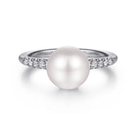 Promise Ring - 14K White Gold Classic Cultured Pearl and Graduate Diamond Ring