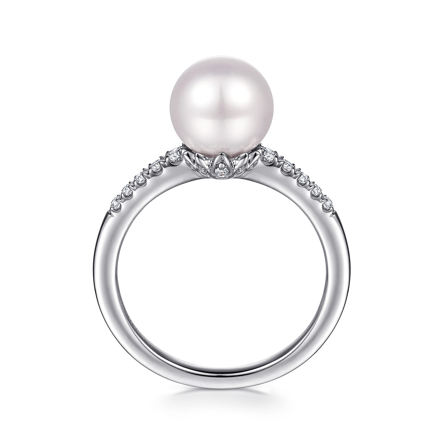Promise Ring - 14K White Gold Classic Cultured Pearl and Graduate Diamond Ring