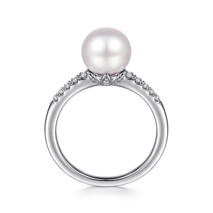 Promise Ring - 14K White Gold Classic Cultured Pearl and Graduate Diamond Ring
