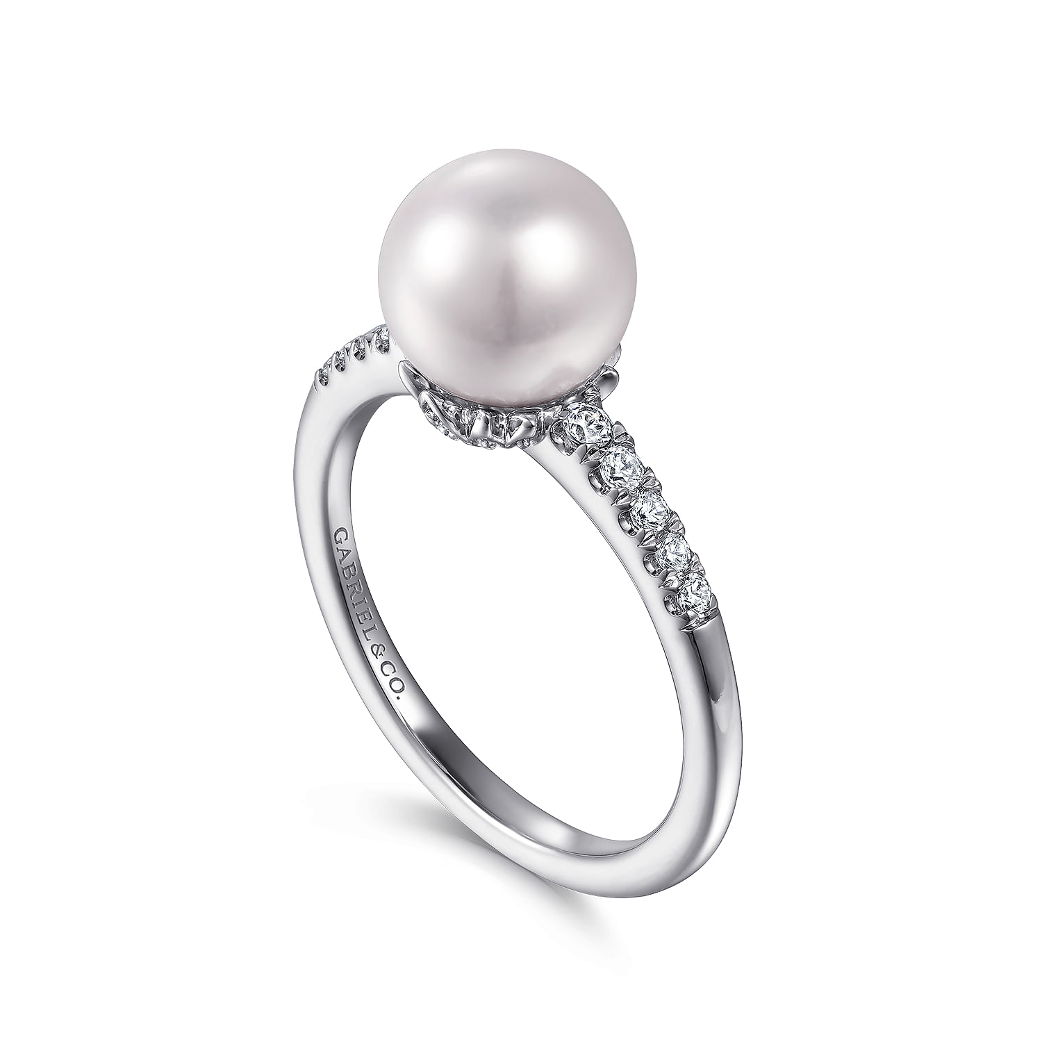 Promise Ring - 14K White Gold Classic Cultured Pearl and Graduate Diamond Ring