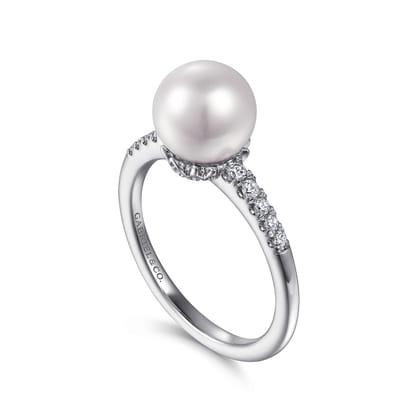 Promise Ring - 14K White Gold Classic Cultured Pearl and Graduate Diamond Ring