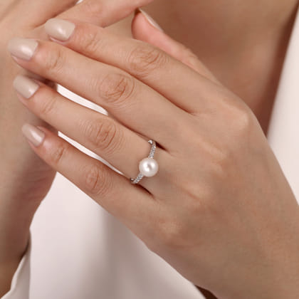 Promise Ring - 14K White Gold Classic Cultured Pearl and Graduate Diamond Ring